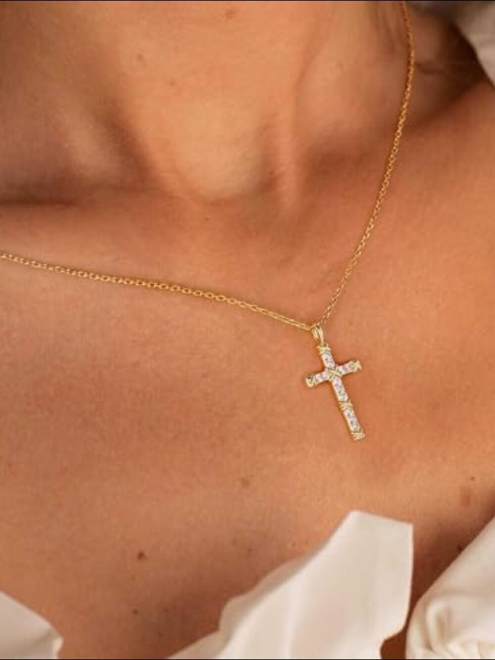 14K Gold Filled Sterling Silver Cross Pendant Necklace with CZ Diamonds - Picture 4 of 7